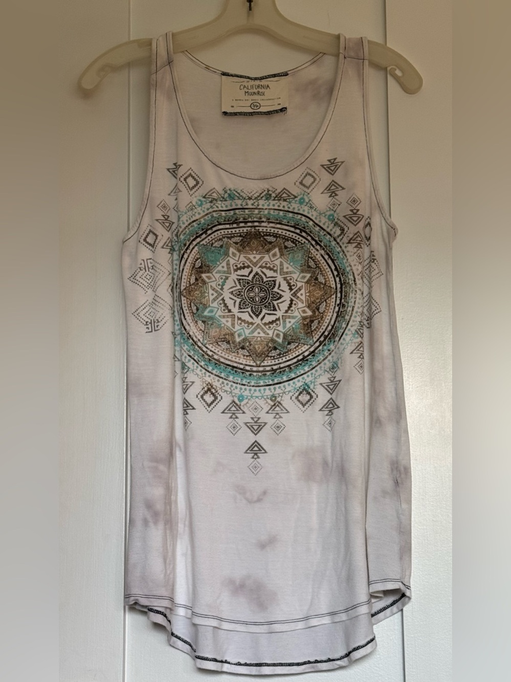California Moonrise White Tank with Turquoise & Gold Mandala